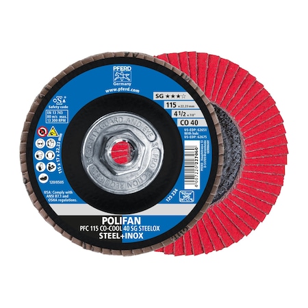 Pferd 4-1/2" x 5/8-11 Thd. POLIFAN Flap Disc - CO-COOL SG STEELOX, Ceramic oxide, 40 Grit, Conical 62675